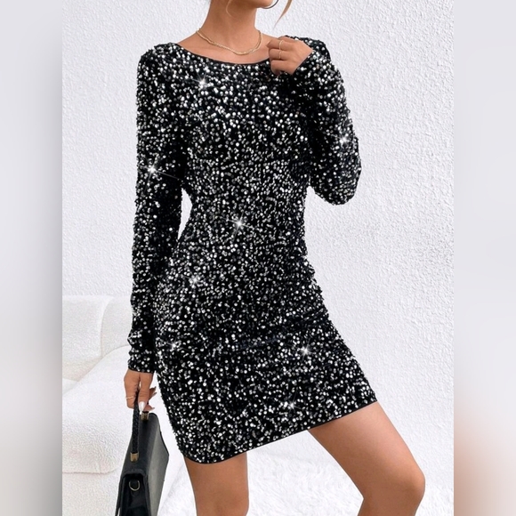 * New Draped Back Sequin Velvet Dress Long Sleeve Short Black Silver - Picture 5 of 9